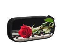 JKLQWC Red Rose on Piano Printed Pencil Case Cute Pen Pencil Box Bag Zipper Storage Organizer Box Holder for Office School Teen Girl Boy Adult,Black