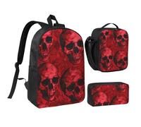 JKLQWC Red Skulls Print Backpack Set 3-Piece, 17-Inch School Bag with Insulated Lunch Bag & Pencil Case for Students Teens Girls Boys