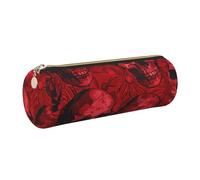 JKLQWC Red Skulls Printed Cylinder Pencil Case with Gold Zipper - Lightweight Leather Organizer for School, Office, Travel, Makeup