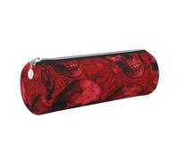 JKLQWC Red Skulls Printed Cylinder Pencil Case with Silver Zipper - Lightweight Leather Organizer for School, Office, Travel, Makeup