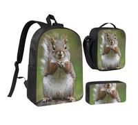 JKLQWC Red Squirrel Print Backpack Set 3-Piece, 17-Inch School Bag with Insulated Lunch Bag & Pencil Case for Students Teens Girls Boys