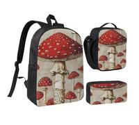 JKLQWC Red White Mushroom Print Backpack Set 3-Piece, 17-Inch School Bag with Insulated Lunch Bag & Pencil Case for Students Teens Girls Boys
