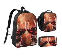 JKLQWC Red Wine Glass Cheers Print Backpack Set 3-Piece, 17-Inch School Bag with Insulated Lunch Bag & Pencil Case for Students Teens Girls Boys