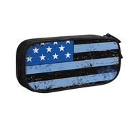 JKLQWC Retro Blue Thin Line USA Flag Printed Pencil Case Cute Pen Pencil Box Bag Zipper Storage Organizer Box Holder for Office School Teen Girl Boy Adult,Black