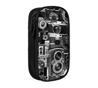 JKLQWC Retro Cool Camera Collection Printed Pencil Case Cute Pen Pouch Large Pen Bag Portable Storage Organizer Box for Office School Teen Girl Boy Adult,Black