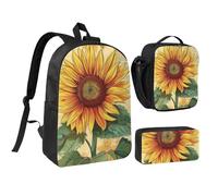 JKLQWC Retro Sunflower Print Backpack Set 3-Piece, 17-Inch School Bag with Insulated Lunch Bag & Pencil Case for Students Teens Girls Boys