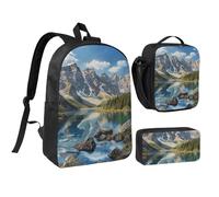 JKLQWC Rocky Mountains Print Backpack Set 3-Piece, 17-Inch School Bag with Insulated Lunch Bag & Pencil Case for Students Teens Girls Boys