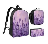 JKLQWC Romantic Lavender Print Backpack Set 3-Piece, 17-Inch School Bag with Insulated Lunch Bag & Pencil Case for Students Teens Girls Boys