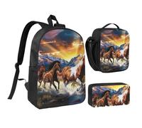 JKLQWC Running Horses Print Backpack Set 3-Piece, 17-Inch School Bag with Insulated Lunch Bag & Pencil Case for Students Teens Girls Boys