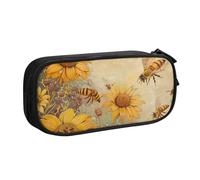 JKLQWC Rural Honey Bees Flowers Printed Pencil Case Cute Pen Pencil Box Bag Zipper Storage Organizer Box Holder for Office School Teen Girl Boy Adult,Black