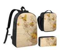 JKLQWC Rural Honey Bees Wildflowers Print School Backpack Set of 3, 17-Inch School Bag with Insulated Lunch Bag & Pencil Case for Students Teens Girls Boys