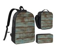 JKLQWC Rustic Old Barn Wood Print School Backpack Set of 3, 17-Inch School Bag with Insulated Lunch Bag & Pencil Case for Students Teens Girls Boys