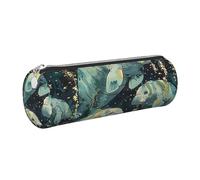 JKLQWC Sea Animals Calf Printed Cylinder Pencil Case with Silver Zipper - Lightweight Leather Organizer for School, Office, Travel, Makeup