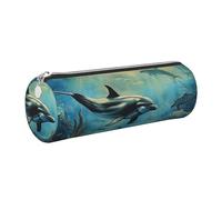 JKLQWC Sea Dolphin Printed Cylinder Pencil Case with Silver Zipper - Lightweight Leather Organizer for School, Office, Travel, Makeup