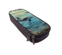 JKLQWC Sea Dolphin Printed PU Leather Pencil Case Cute Pen Pencil Box Bag Zipper Office School Pencil Pouch Organizer for Students Teen Girls Boys Adult