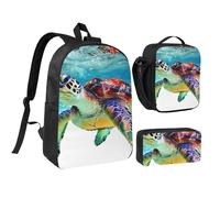 JKLQWC Sea Turtle Art Print Backpack Set 3-Piece, 17-Inch School Bag with Insulated Lunch Bag & Pencil Case for Students Teens Girls Boys