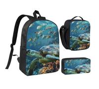 JKLQWC Sea Turtle with Fishes Print Backpack Set 3-Piece, 17-Inch School Bag with Insulated Lunch Bag & Pencil Case for Students Teens Girls Boys