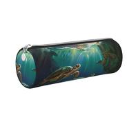 JKLQWC Sea Turtles Printed Cylinder Pencil Case with Silver Zipper - Lightweight Leather Organizer for School, Office, Travel, Makeup
