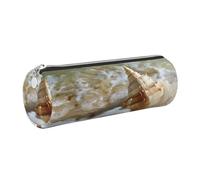 JKLQWC Sea Wave Seashell Printed Cylinder Pencil Case with Silver Zipper - Lightweight Leather Organizer for School, Office, Travel, Makeup