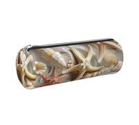 JKLQWC Seashell Sandy Beach Theme Printed Cylinder Pencil Case with Silver Zipper - Lightweight Leather Organizer for School, Office, Travel, Makeup
