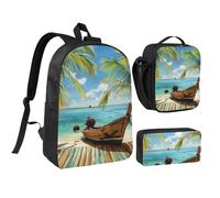 JKLQWC Seaside Boat Coconut Leaves Print Backpack Set 3-Piece, 17-Inch School Bag with Insulated Lunch Bag & Pencil Case for Students Teens Girls Boys