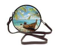 JKLQWC Seaside Boat Coconut Leaves Printed Crossbody Bag for Women Cute Round Leather Shoulder Bag with Adjustable Strap Messenger Bag