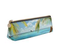 JKLQWC Seaside Boat Coconut Leaves Printed Triangle Pencil Case with Zipper - Lightweight Leather Organizer for School, Office, Travel, Makeup