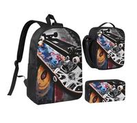 JKLQWC Skate Boards Print Backpack Set 3-Piece, 17-Inch School Bag with Insulated Lunch Bag & Pencil Case for Students Teens Girls Boys