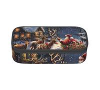 JKLQWC Snow Night Santa and Deer Printed Pencil Case Cute Pen Pencil Box Bag Large Capacity Compartment Zipper Pencil Pouch Organizer for Office School Travel