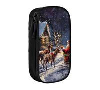 JKLQWC Snow Night Santa and Deer Printed Pencil Case Cute Pen Pouch Large Pen Bag Portable Storage Organizer Box for Office School Teen Girl Boy Adult,Black