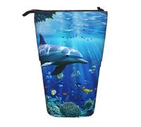 JKLQWC Standing Retractable Cute Pencil Case Organizer - 3D Underwater World Fish dolphi Prints Stationery & Makeup Pouch for Travel, School, Office, Gifts