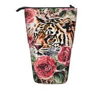 JKLQWC Standing Retractable Cute Pencil Case Organizer - Animal Tiger Leopard Print Rose Flower Prints Stationery & Makeup Pouch for Travel, School, Office, Gifts