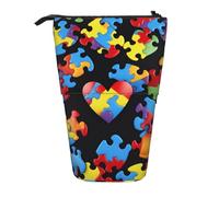 JKLQWC Standing Retractable Cute Pencil Case Organizer - Autism Awareness Puzzle Pieces Heart Prints Stationery & Makeup Pouch for Travel, School, Office, Gifts