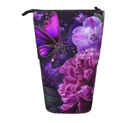 JKLQWC Standing Retractable Cute Pencil Case Organizer - Beautiful Butterfly Floral Prints Stationery & Makeup Pouch for Travel, School, Office, Gifts