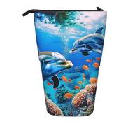 JKLQWC Standing Retractable Cute Pencil Case Organizer - Beautiful Underwater World Dolphins Coral Prints Stationery & Makeup Pouch for Travel, School, Office, Gifts