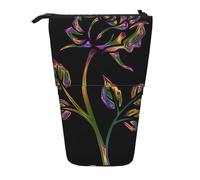 JKLQWC Standing Retractable Cute Pencil Case Organizer, Black and Gold Flowers Prints Stationery & Makeup Pouch for Travel, School, Office, Gifts