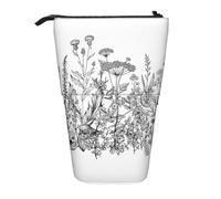 JKLQWC Standing Retractable Cute Pencil Case Organizer, Black and White Flowers Prints Stationery & Makeup Pouch for Travel, School, Office, Gifts