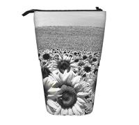 JKLQWC Standing Retractable Cute Pencil Case Organizer, Black and White Sunflowers Prints Stationery & Makeup Pouch for Travel, School, Office, Gifts