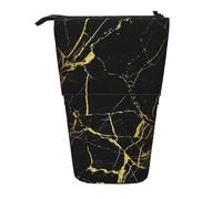 JKLQWC Standing Retractable Cute Pencil Case Organizer, Black Gold Marble Prints Stationery & Makeup Pouch for Travel, School, Office, Gifts