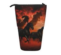 JKLQWC Standing Retractable Cute Pencil Case Organizer - Black Horses Red Glowing Clouds Prints Stationery & Makeup Pouch for Travel, School, Office, Gifts