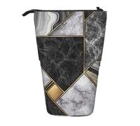 JKLQWC Standing Retractable Cute Pencil Case Organizer, Black Marble Texture Gold Prints Stationery & Makeup Pouch for Travel, School, Office, Gifts