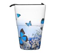 JKLQWC Standing Retractable Cute Pencil Case Organizer, Blue Butterfly Prints Stationery & Makeup Pouch for Travel, School, Office, Gifts