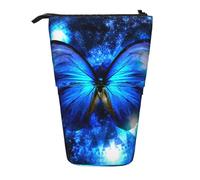 JKLQWC Standing Retractable Cute Pencil Case Organizer, Blue Butterfly Prints Stationery & Makeup Pouch for Travel, School, Office, Gifts