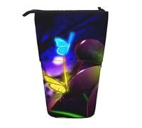 JKLQWC Standing Retractable Cute Pencil Case Organizer, Blue Purple Flower Butterfly Prints Stationery & Makeup Pouch for Travel, School, Office, Gifts