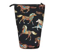 JKLQWC Standing Retractable Cute Pencil Case Organizer, Brown Horse Prints Stationery & Makeup Pouch for Travel, School, Office, Gifts