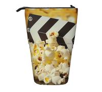 JKLQWC Standing Retractable Cute Pencil Case Organizer - Cinema Movie Clapboard and Popcorn Prints Stationery & Makeup Pouch for Travel, School, Office, Gifts