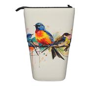 JKLQWC Standing Retractable Cute Pencil Case Organizer - Colorful Bird Prints Stationery & Makeup Pouch for Travel, School, Office, Gifts