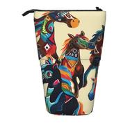JKLQWC Standing Retractable Cute Pencil Case Organizer - Colorful Cartoon Horses Prints Stationery & Makeup Pouch for Travel, School, Office, Gifts