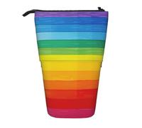 JKLQWC Standing Retractable Cute Pencil Case Organizer - Colorful Rainbow Stripe Prints Stationery & Makeup Pouch for Travel, School, Office, Gifts