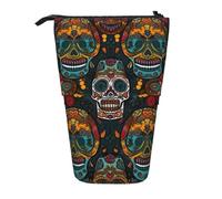 JKLQWC Standing Retractable Cute Pencil Case Organizer - Colorful Sugar Skulls Prints Stationery & Makeup Pouch for Travel, School, Office, Gifts